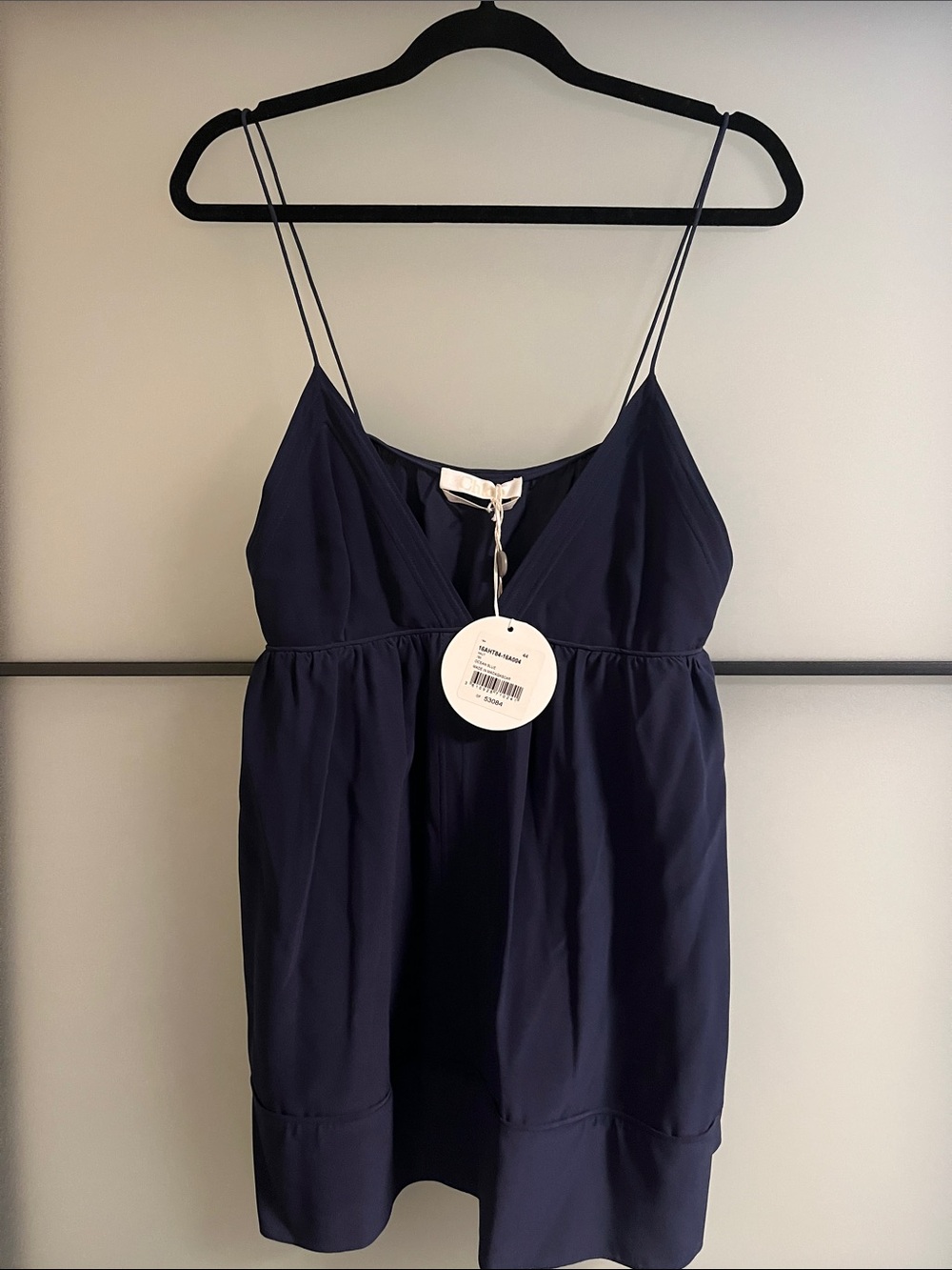 NWT Chloe navy draped top with spaghetti straps 100% silk